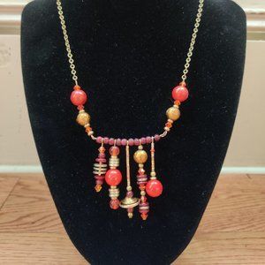 Red and Brass tone Necklace with Metal and Glass Beading